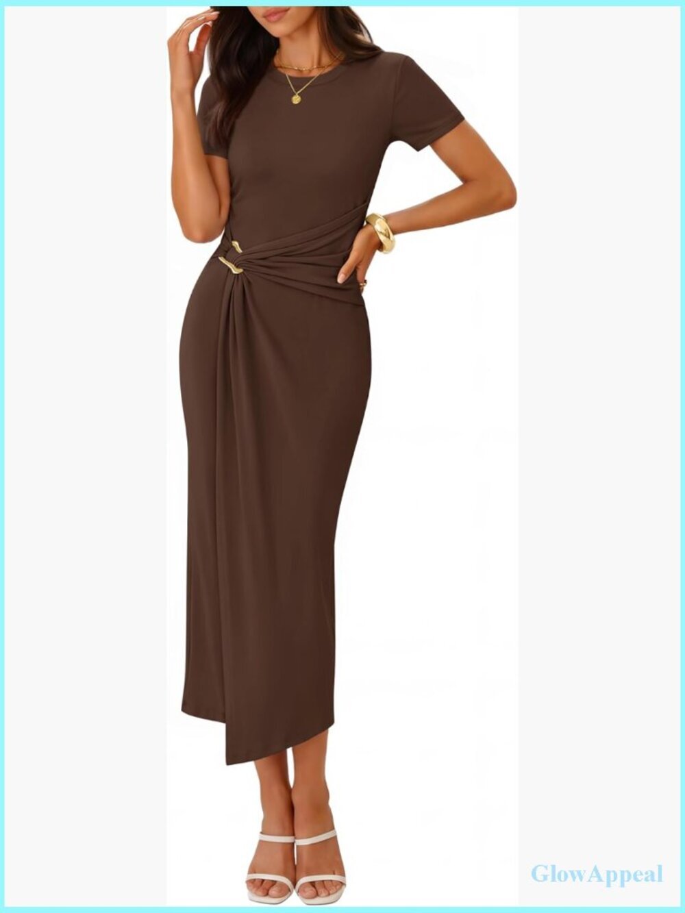 Short Sleeve Bodycon Midi Dress Crewneck Ruched Cocktail Party